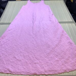 120% Lino Casa Pink Linen Flax V-Neck Sleeveless Maxi Dress Made in Italy EUR 44